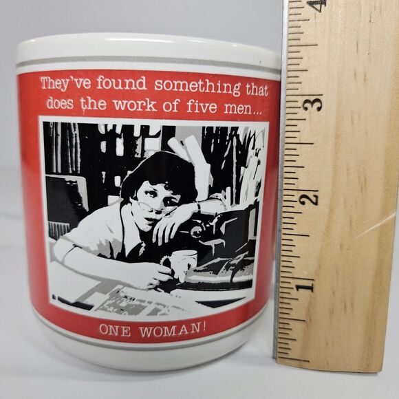 Vtg Black White Coffee Cup Red Mug Comic Strip One Woman Does The Work Of 5 Men - Picture 6 of 12